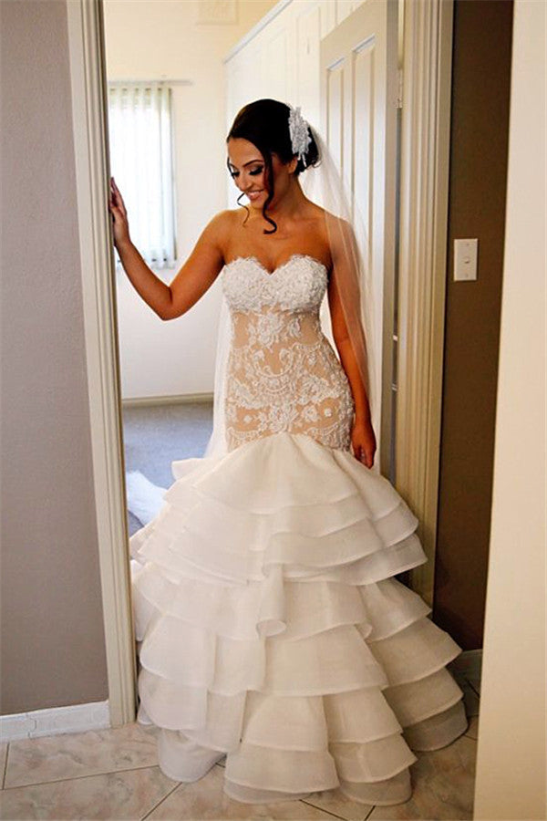 Elegant Lace Mermaid Wedding Dress Tiered Open Back Strapless Wedding Gowns BA1540 | Suzhoufashion suzhoufashion Elegant Lace Mermaid Wedding Dress Tiered Open Back Strapless Wedding Gowns BA1540 | Suzhoufashion suzhoufashion