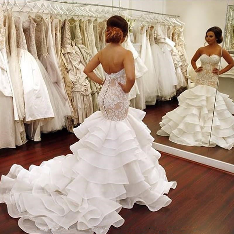 Elegant Lace Mermaid Wedding Dress Tiered Open Back Strapless Wedding Gowns BA1540
