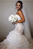 Elegant Lace Mermaid Wedding Dress Tiered Open Back Strapless Wedding Gowns BA1540