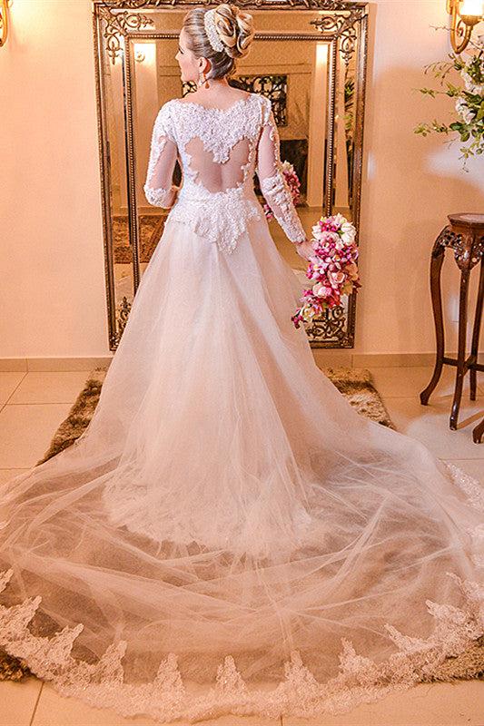 Elegant Lace Plus Size Wedding Dress Long Sleeve A-line Bride Dresses with Long Train