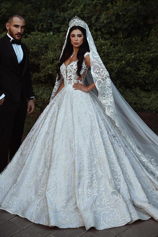 Elegant Lace Straps Wedding Dresses | Luxury Open Back Sleeveless Bridal Gowns