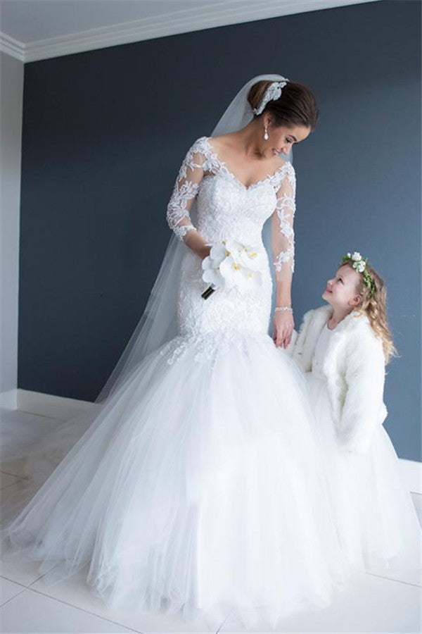 Elegant Lace Tulle Cathedral Wedding Dresses V-neck Mermaid Open Back Bridal Gowns BA3273