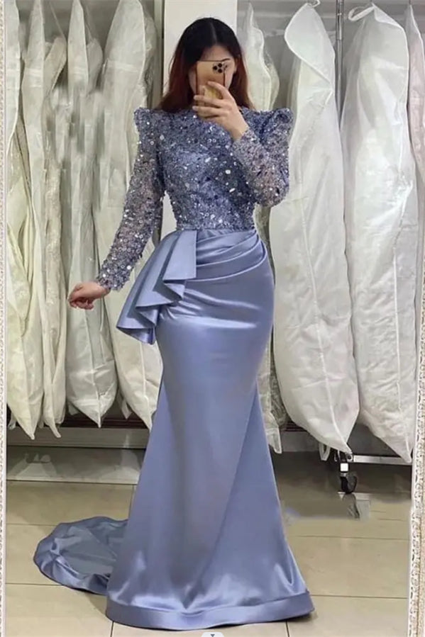 Elegant Lavender Long Mermaid High Neck Beading Prom Dresses With Long Sleeves