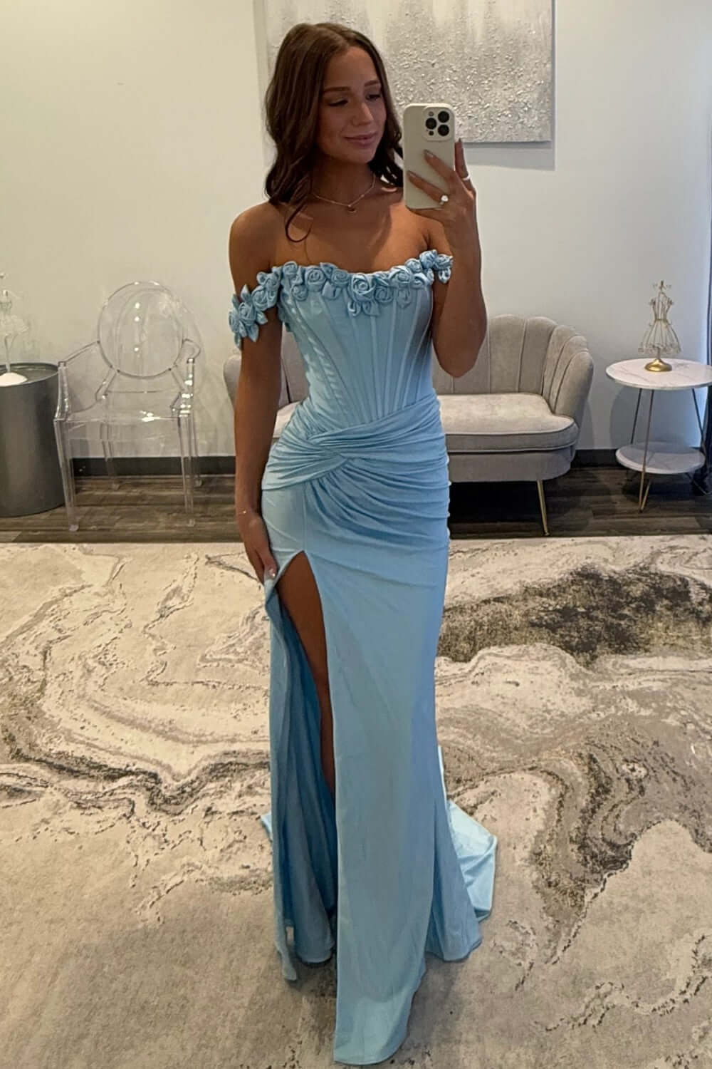 Light Blue Prom Dress Off The Shoulder Corset Mermaid Long Formal Dress With Slit