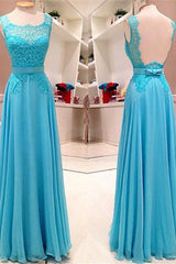 Elegant Light Blue Floor Length Prom Dress A-Line Bowknot Lace Open Back Party Dresses