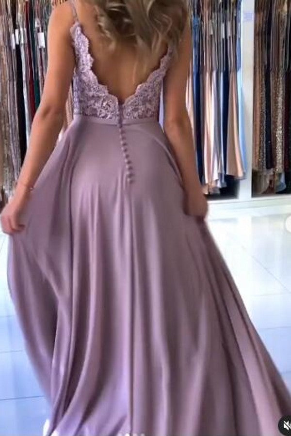 Elegant Lilac A-line Split Long Evening Dresses With Lace