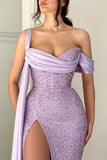Elegant Lilac Long Glitter Off-the-shoulder Mermaid Prom Dresses With Split