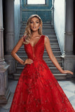 Elegant Long A-line V-neck Floor Length Tulle Prom Dress with Glitter