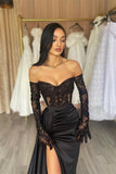 Elegant Long Black Off-the-shoulder Lace Mermaid Long Sleeves Prom Dresses With Split