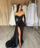 Elegant Long Black Off-the-shoulder Lace Mermaid Long Sleeves Prom Dresses With Split