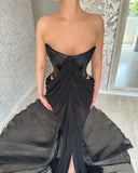 Elegant Long Black Strapless Split Front Prom Dresses