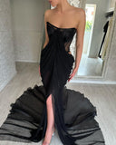 Elegant Long Black Strapless Split Front Prom Dresses
