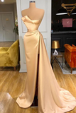 Elegant Long Champagne A-line Sleeveless Split Prom Dress With Train