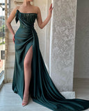 Elegant Long Dark Green Sleeveless Beading Prom Dresses With Split