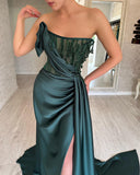 Elegant Long Dark Green Sleeveless Beading Prom Dresses With Split