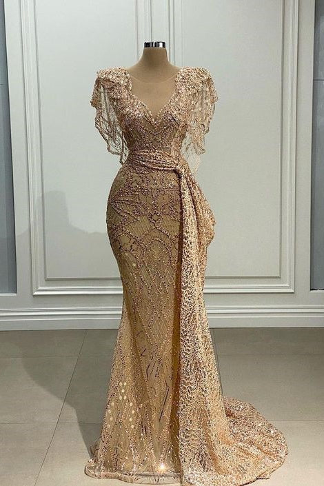 Elegant Long Gold Mermaid Lace V-neck Sleeveless Prom Dress