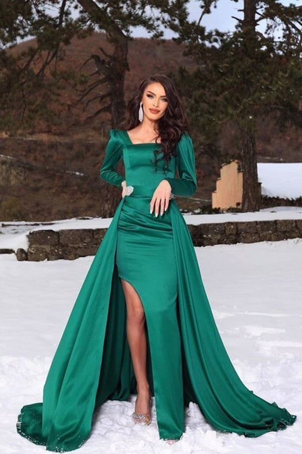 Elegant Long Green Split Long Sleeves Evening Dresses
