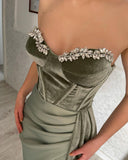 Elegant Long Green Strapless Velvet Prom Dresses With Split