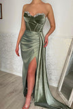 Elegant Long Green Strapless Velvet Prom Dresses With Split