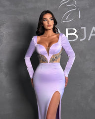 Elegant Long Lilac Mermaid Beading Long Sleeves Prom Dresses With Split