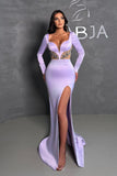 Elegant Long Lilac Mermaid Beading Long Sleeves Prom Dresses With Split
