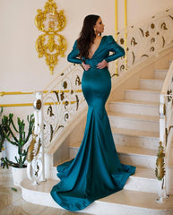 Elegant Long Mermaid V-neck Beading Prom Dresses With Long Sleeves