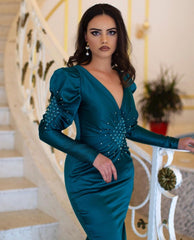 Elegant Long Mermaid V-neck Beading Prom Dresses With Long Sleeves