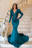 Elegant Long Mermaid V-neck Beading Prom Dresses With Long Sleeves
