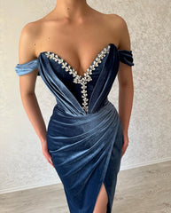 Elegant Long Navy Off-the-shoulder Column Ankle Length Prom Dresses With Split