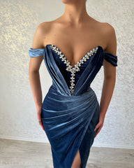 Elegant Long Navy Off-the-shoulder Column Ankle Length Prom Dresses With Split