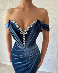 Elegant Long Navy Off-the-shoulder Column Ankle Length Prom Dresses With Split