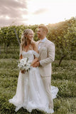Elegant Long Off-the-Shoulder Tulle Floral Lace Wedding Dress