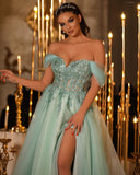 Elegant Long Off-the-shoulder Lace Beading Prom Dresses With Split