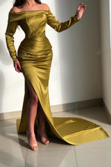 Elegant Long Off-the-shoulder Long Sleeves Evening Dresses with Ruffle