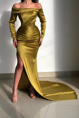 Elegant Long Off-the-shoulder Long Sleeves Evening Dresses with Ruffle