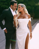 Elegant Long Off-the-shoulder Satin Bridal Dress With Split