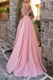 Elegant Long Pink V-Neck Glitter Sleeveless Prom Dresses With Split