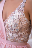 Elegant Long Pink V-Neck Glitter Sleeveless Prom Dresses With Split