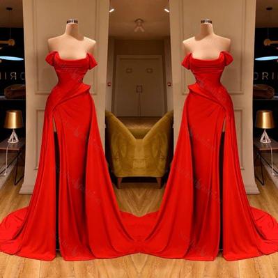 Elegant Long Red A-line Sleeveless Designer Prom Dress Split Long