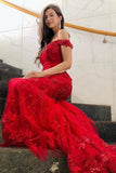 Elegant Long Red Off-the-shoulder Mermaid Prom Dresses with Glitter