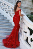 Elegant Long Red Off-the-shoulder Mermaid Prom Dresses with Glitter