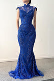 Elegant Long Royal Blue High Neck Lace Sleeveless Prom Dresses With Detachable Train
