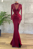 Elegant Long Sleeve Burgundy Prom Dress Mermaid Beadings Evening Gowns