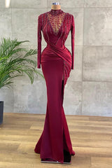 Elegant Long Sleeve Burgundy Prom Dress Mermaid Beadings Evening Gowns