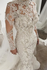 Elegant Long Sleeves Lace Crystal Wedding Dresses | Sexy Mermaid Bridal Gowns with Buttons