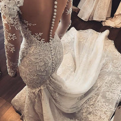 Elegant Long Sleeves Mermaid Wedding Dresses | Sheer Tulle Lace Bridal Gowns with Buttons BC1509
