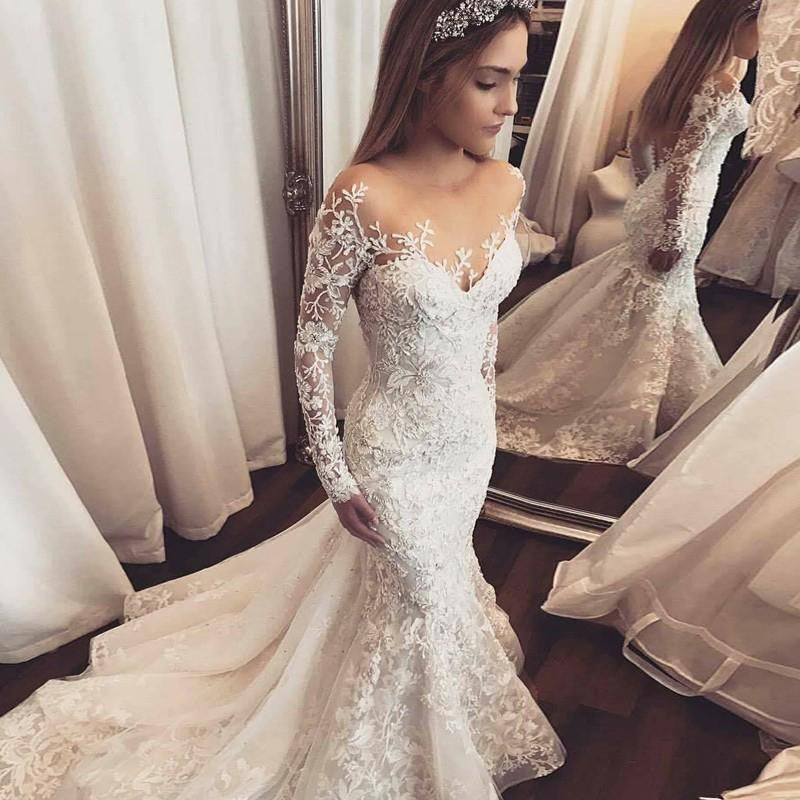 mermaid wedding dress with sheer sleeves Mermaid Wedding Dresses Lace Boho Wedding Gowns Appliques Sheer Illusion Lace Sexy Long Sleeves Bride Dress