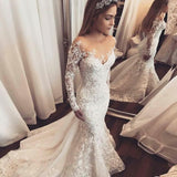 Elegant Long Sleeves Mermaid Wedding Dresses | Sheer Tulle Lace Bridal Gowns with Buttons BC1509