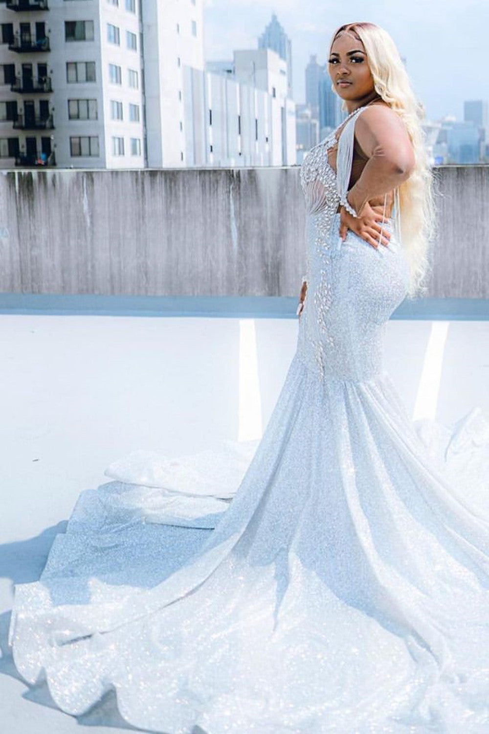 Elegant Long Sleeves Sky Blue Rhinestone Prom Dress Mermaid