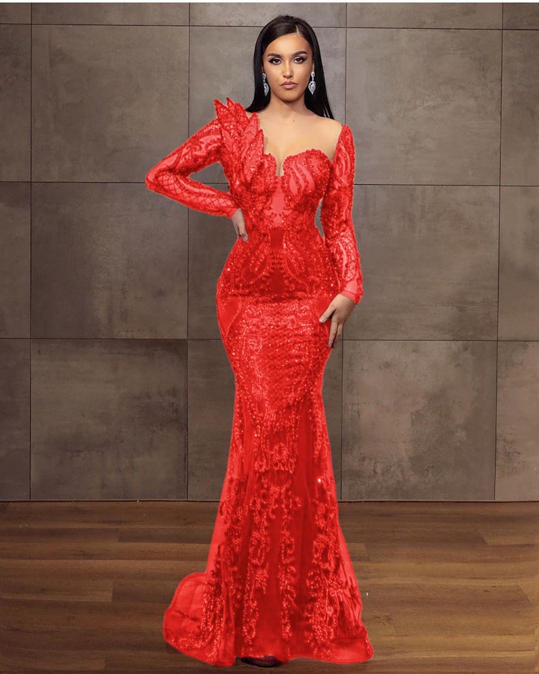 Elegant Long Sleeves Tulle Red Lace Appliques Mermaid Evening Dresses